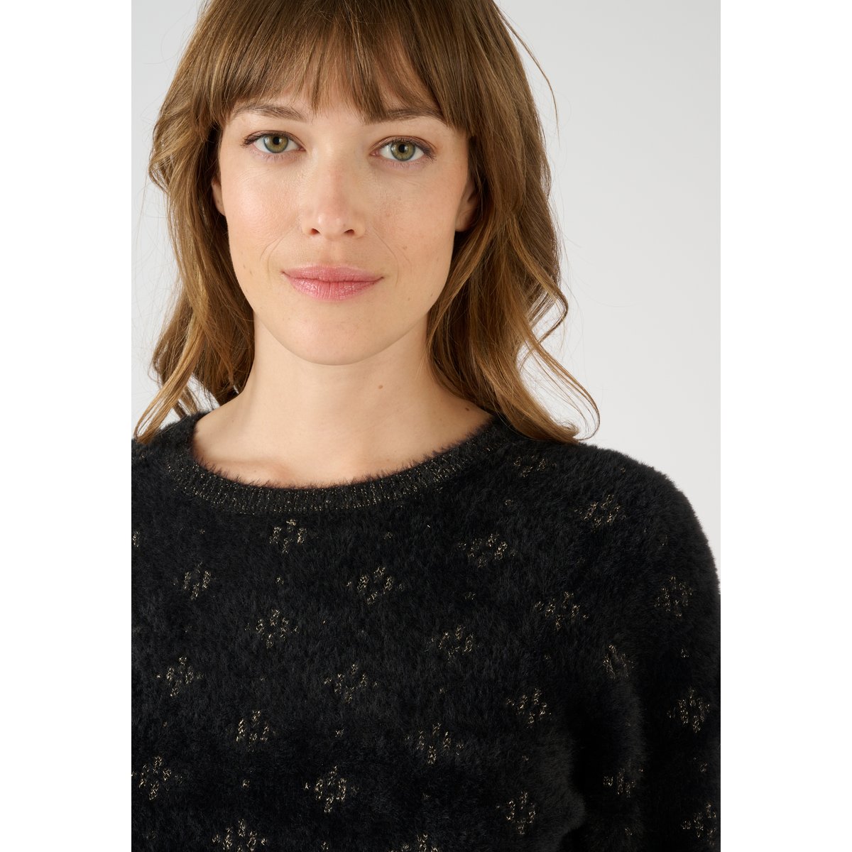 Pull jacquard en maille poilue noir jacquard, DAMART