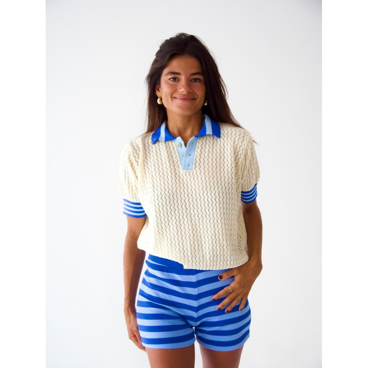Polo ajouré manches courtes SARA écru / bleu, MINDTRAVELER