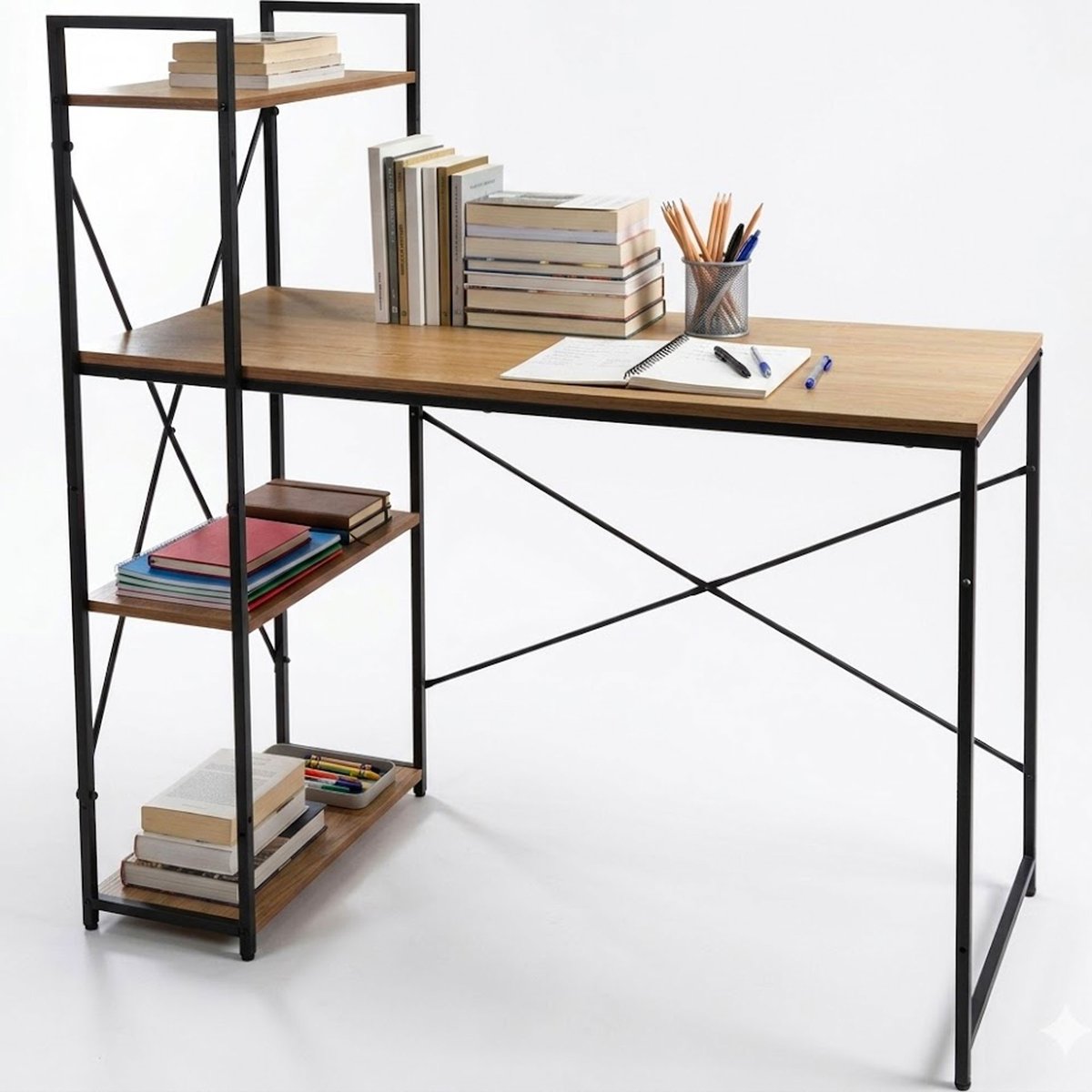 Bureau bois et métal noir avec étagère 110x52x116cm bois, WADIGA
