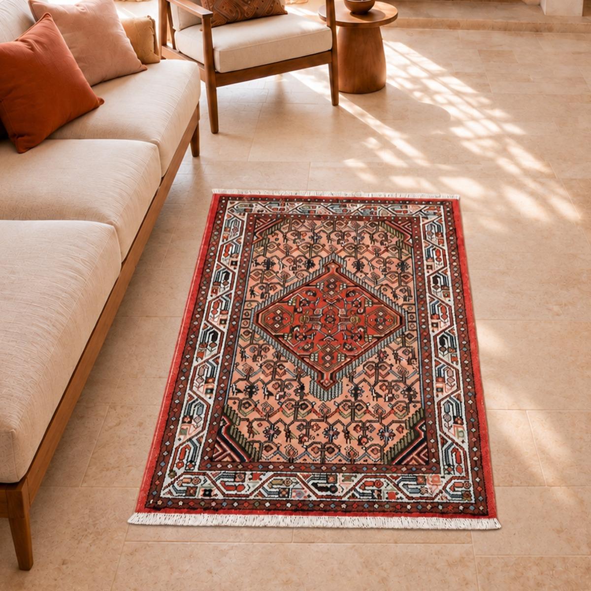 Tapis d'orient, motif oriental noué à la main, HAMADAN 29 rose, crème, rouge, UN AMOUR DE TAPIS