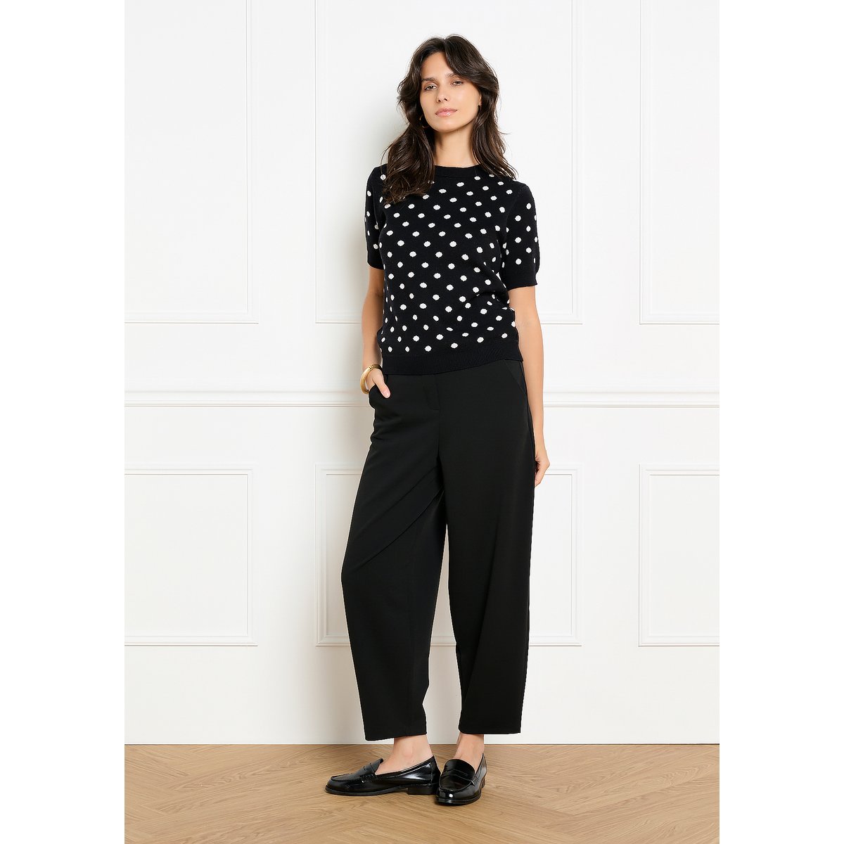 Pull jacquard manches courtes à pois noir, LOLALIZA