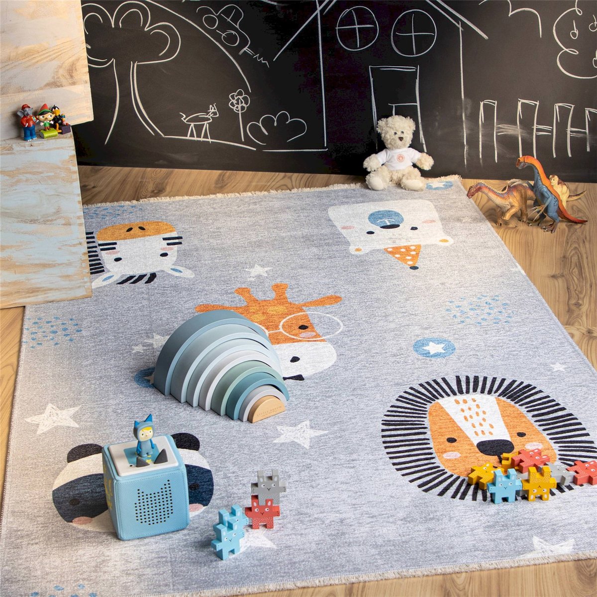 Tapis en coton motifs animaux, Joanna gris clair à motifs animaux multicolores, ARTE ESPINA