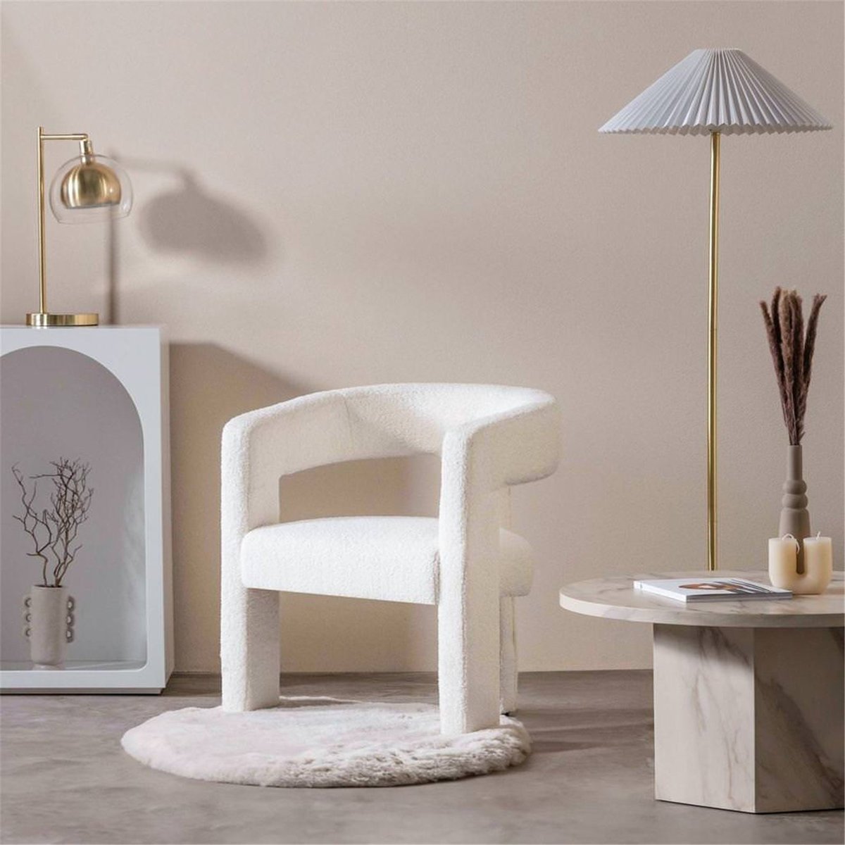 Fauteuil lounge en velours collection LAUREN crème, RECOLLECTION