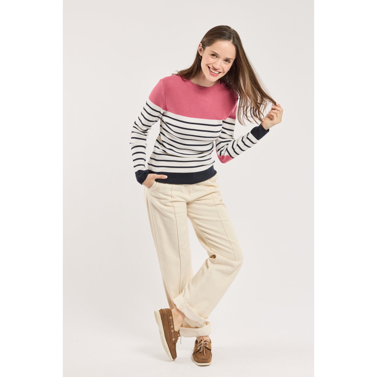 Pull marin avec coudières - laine rich navy/nature/framboise, ARMOR-LUX