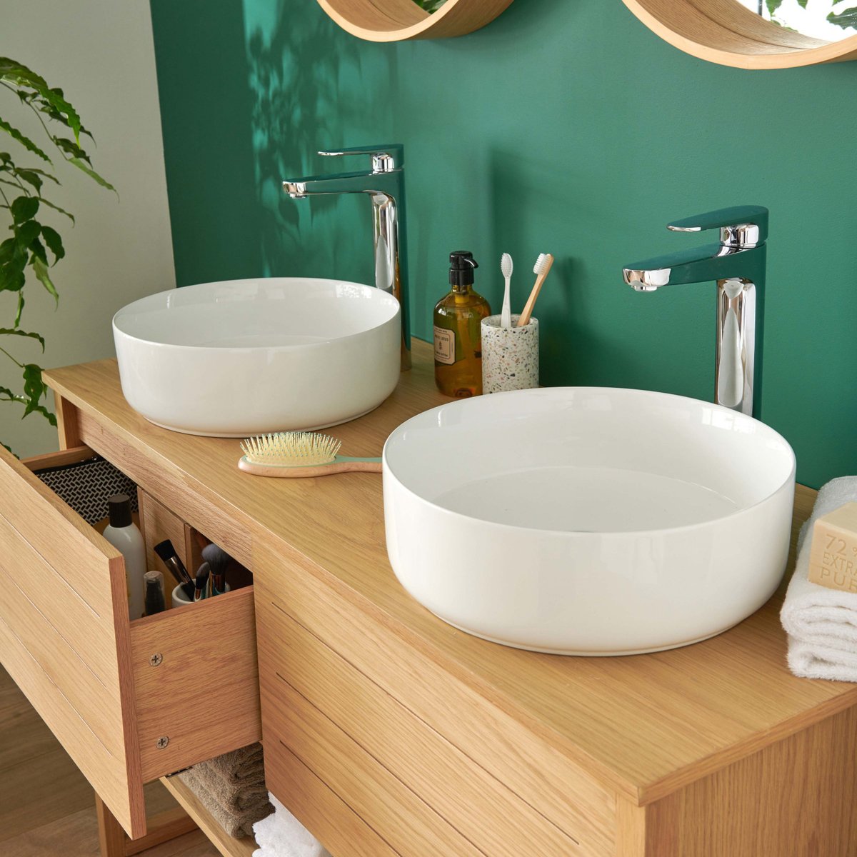 Meuble double +vasque +miroir +colonne ATOLL bois clair, MOB IN