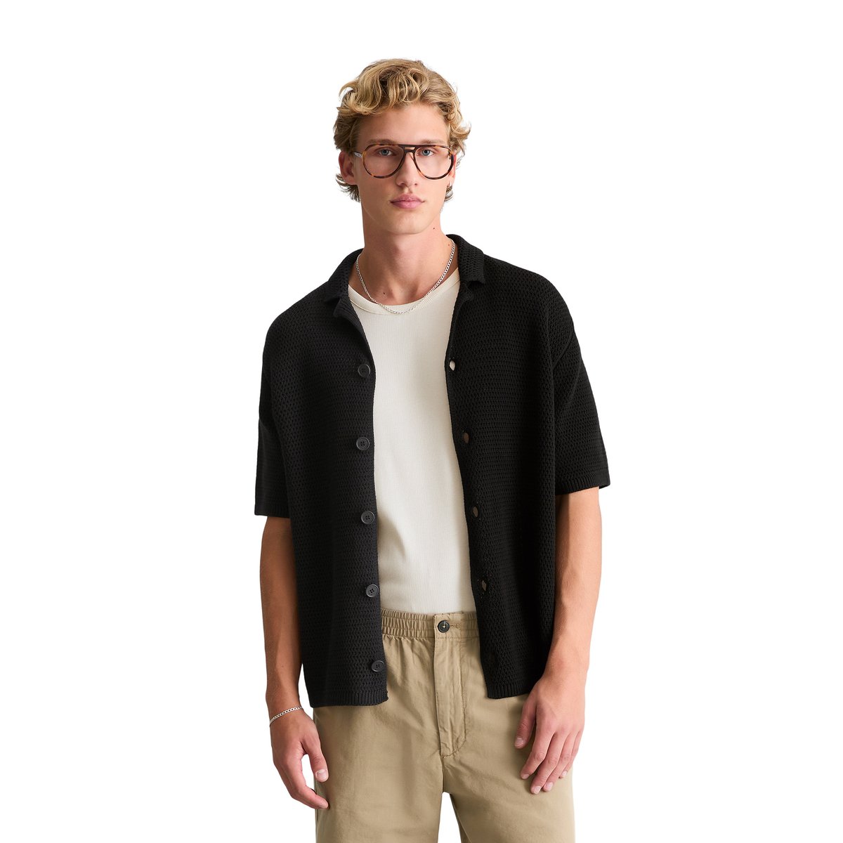 Cardigan à manches courtes relaxed avec structure ajourée noir, MARC O’POLO DENIM