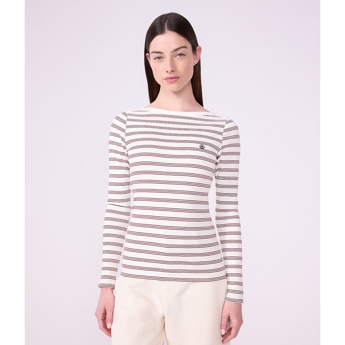 Gestreiftes Shirt Iconique aus Baumwolle mit U-Boot-Ausschnitt weiss/schwarz, PETIT BATEAU
