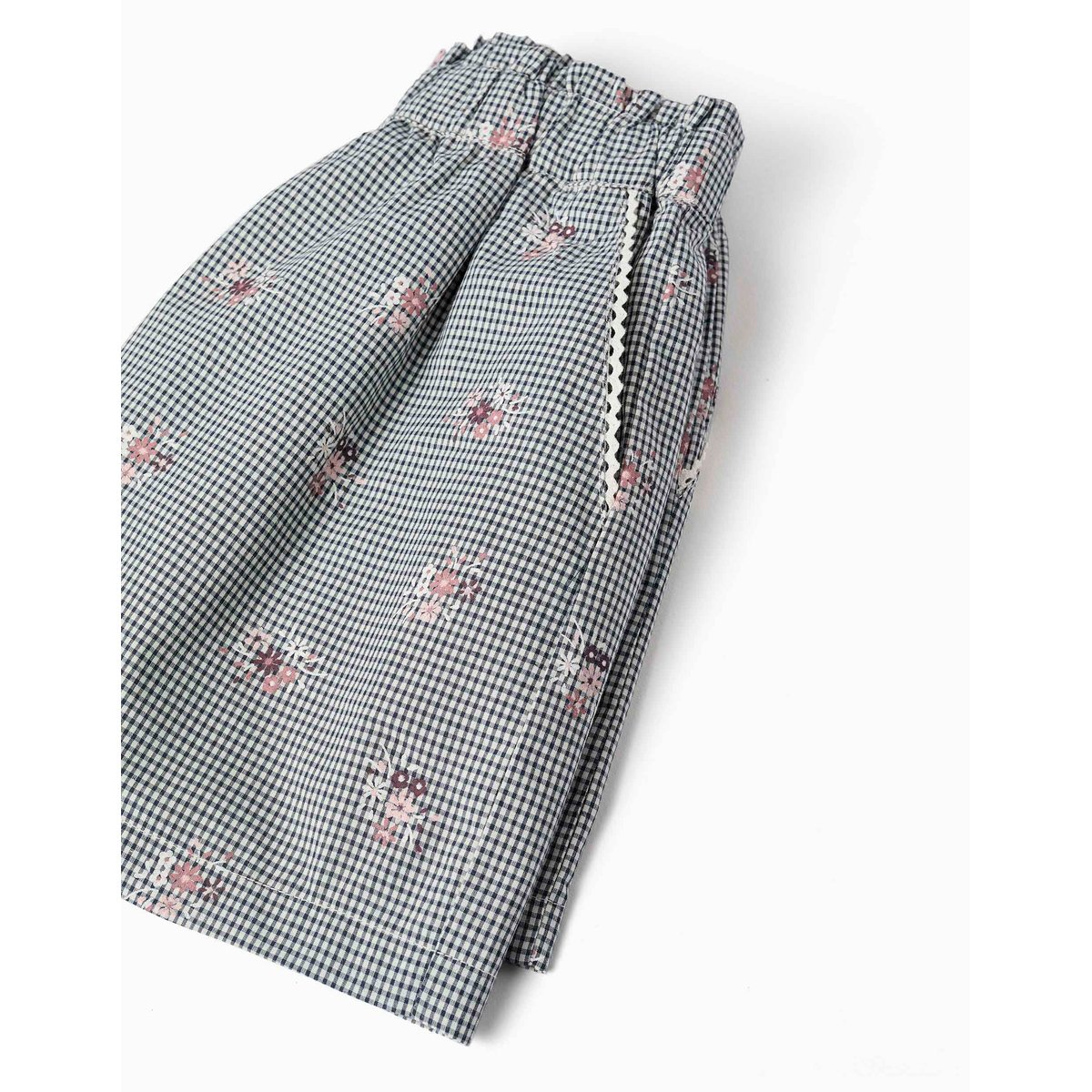 Short en coton à motif Vichy et imprimé floral bleu foncé, ZIPPY