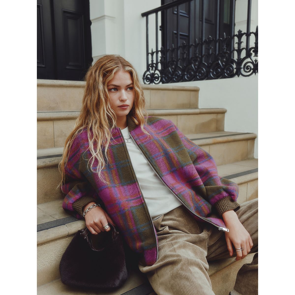 Blouson aviateur brossé à détails côtelés carreaux vert olive/rose, NEXT