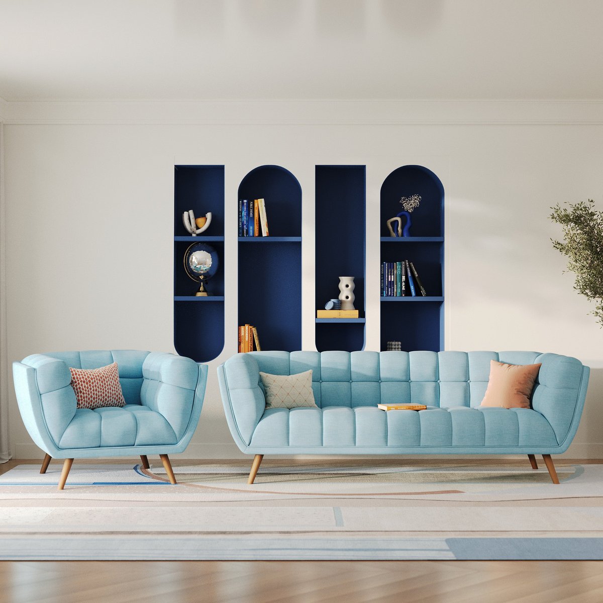 Ensemble canapé et fauteuil en tissu 4 places - CARMEN bleu clair, MAISON PAVANE