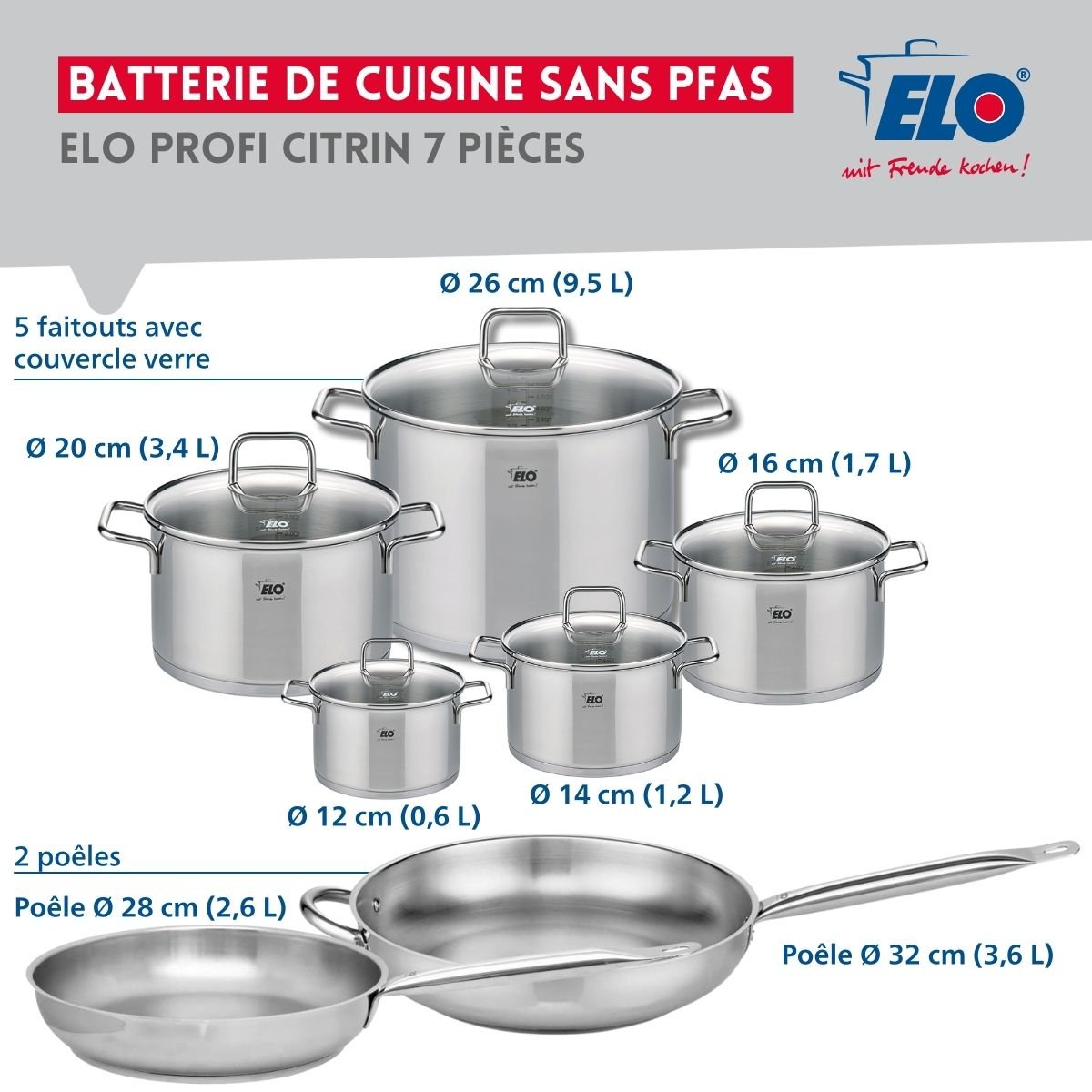 2 poêles 28/32cm + 5 faitouts 12/14/16/20/26cm PROFI CITRIN inox, ELO
