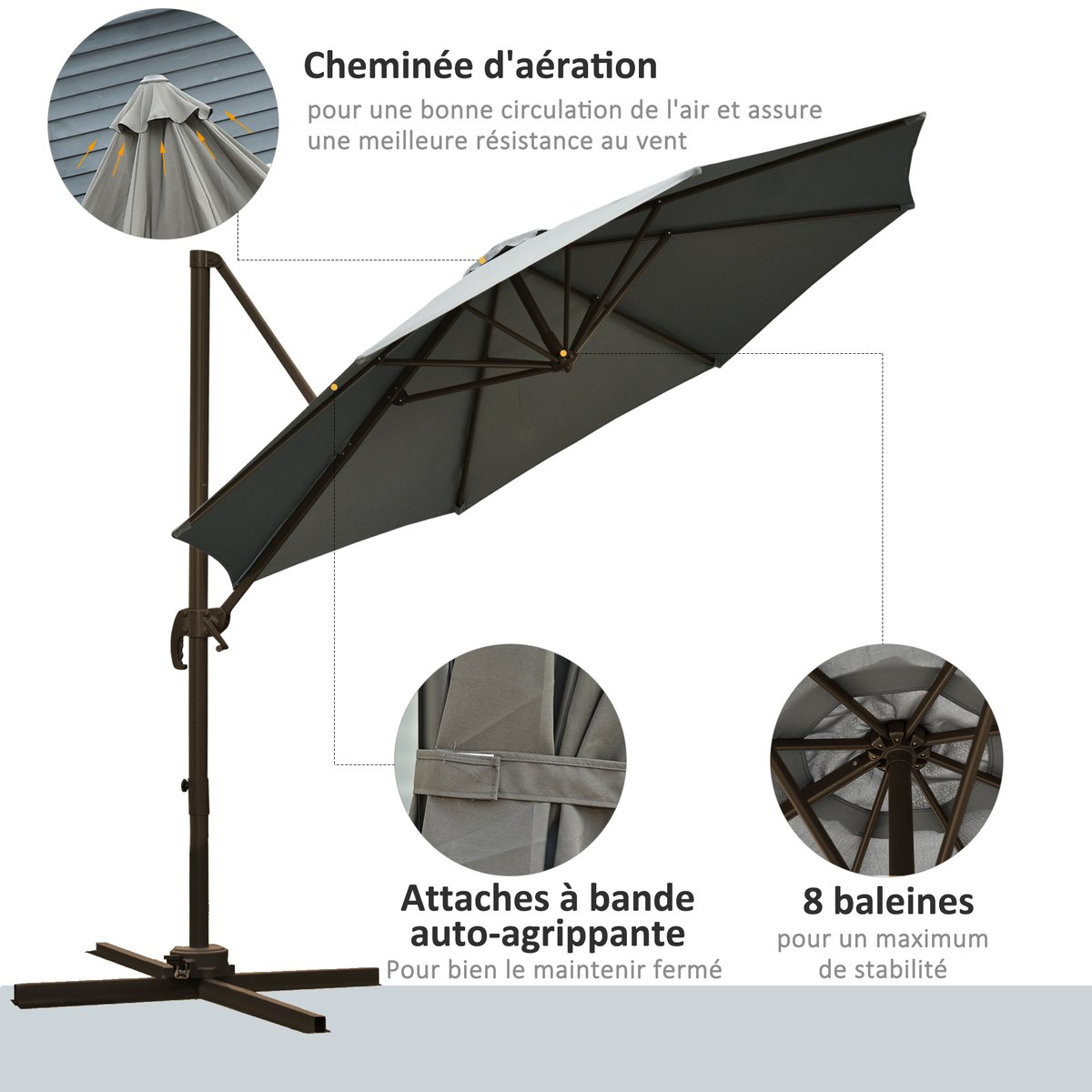 Parasol de terrasse à pied déporté Polyester gris, OUTSUNNY