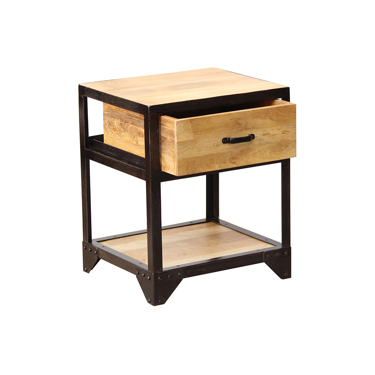 Table de chevet avec tiroir industrielle en bois manguier massif INDUSTRIA bois clair / noir, MILIBOO