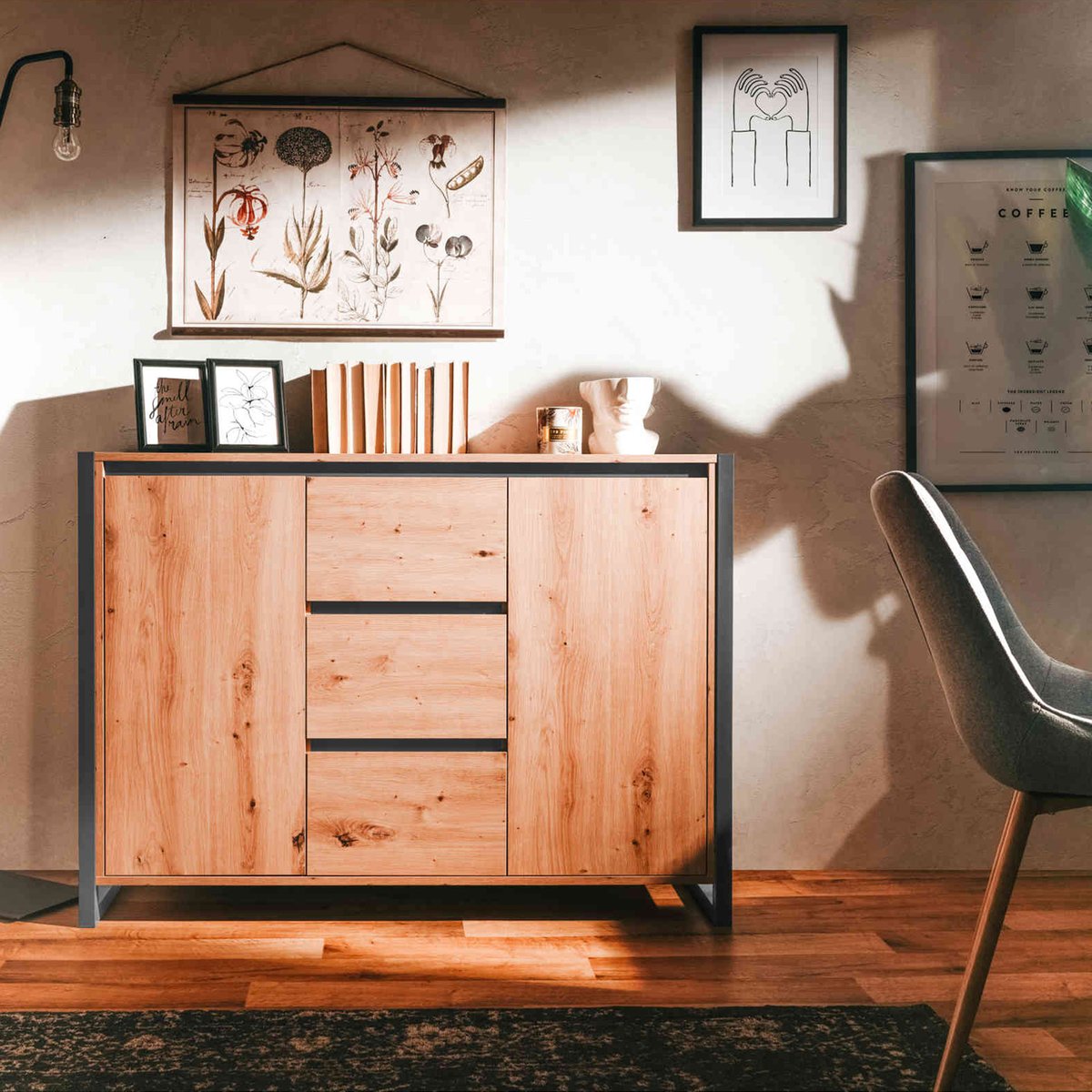 Commode 2 portes 3 tiroirs bois naturel, TERRE DE NUIT