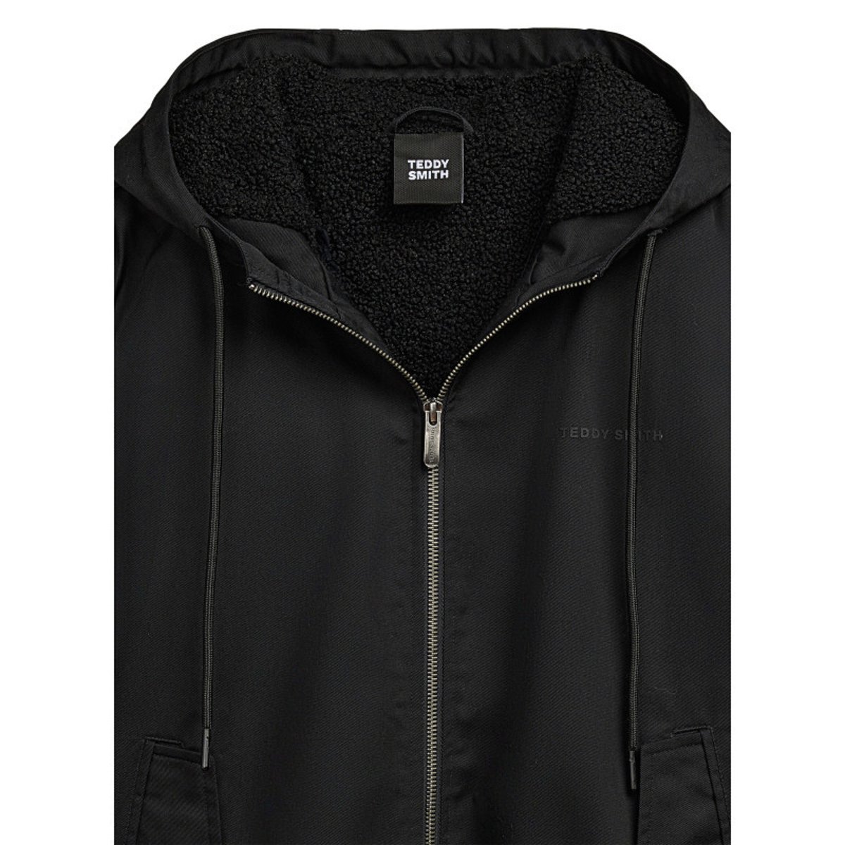 Blouson à capuche noir uni zippé à coupe droite avec le nom de la marque noir, TEDDY SMITH