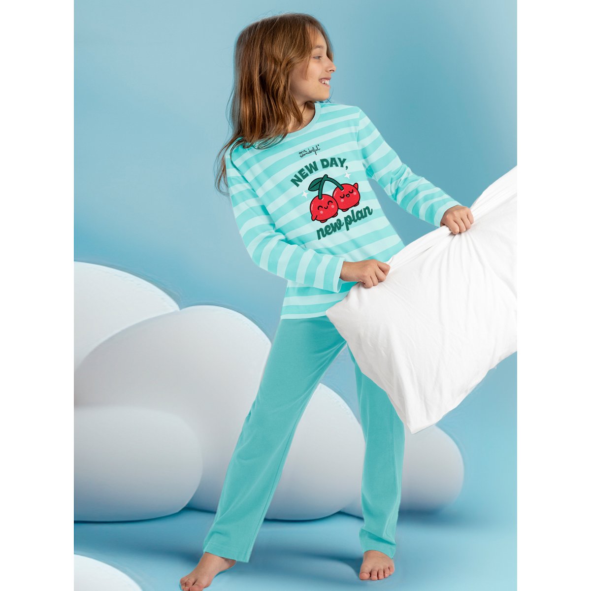 Pyjama pantalon top manches longues New Day Plan bleu turquoise, ADMAS