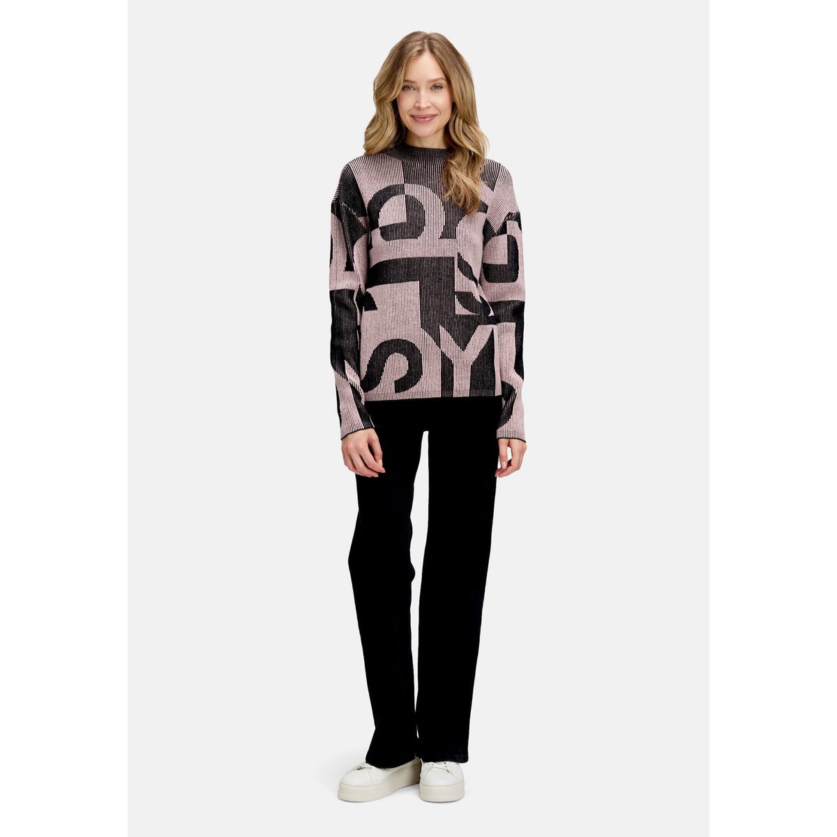 Pull-over en grosse maille à motif jacquard patch black/rosé, BETTY BARCLAY