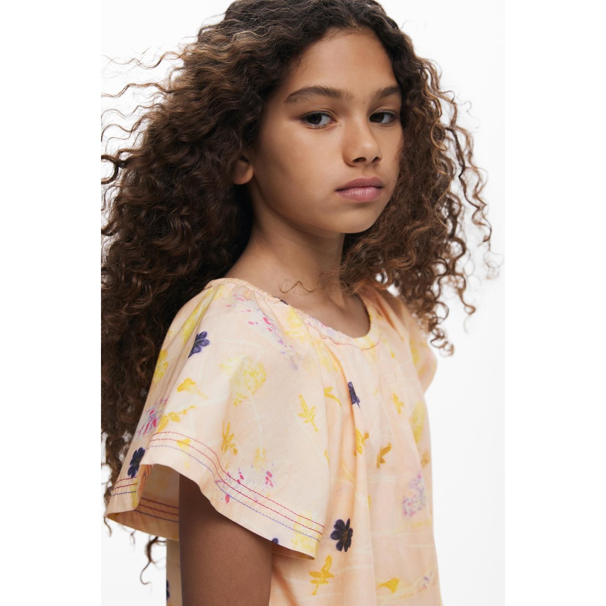 Robe à manches courtes à fleurs beige, DESIGUAL