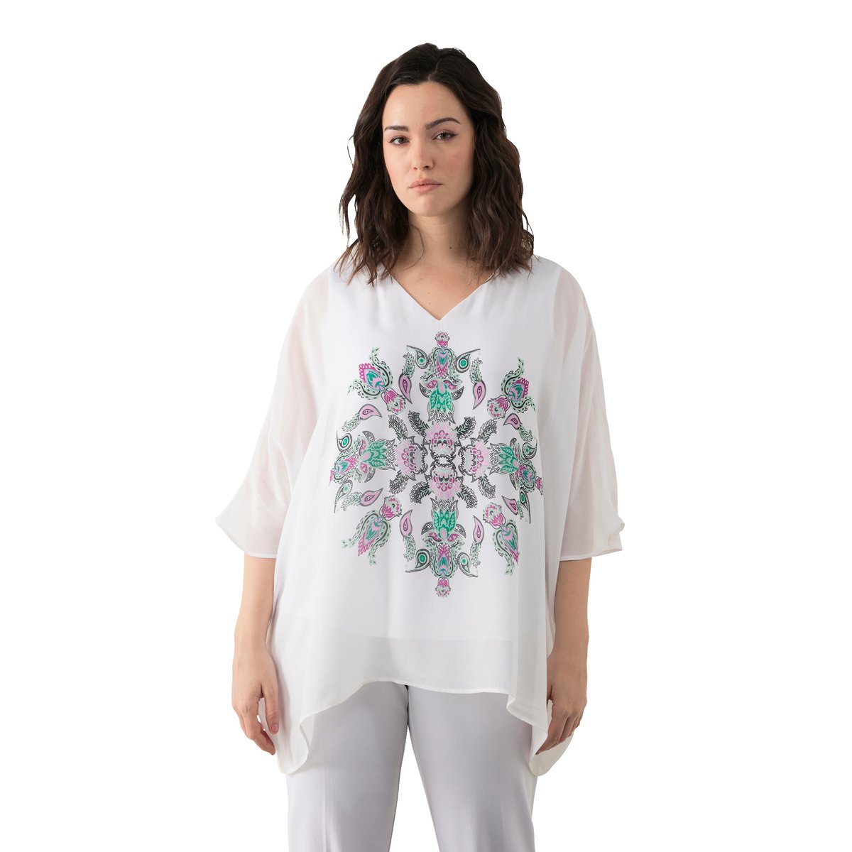 Tunique oversized à col V et manches courtes vert bleu, ULLA POPKEN