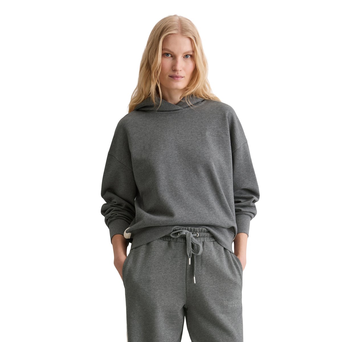 Sweatshirt à capuche avec logo relaxed en coton organique gris, MARC O'POLO