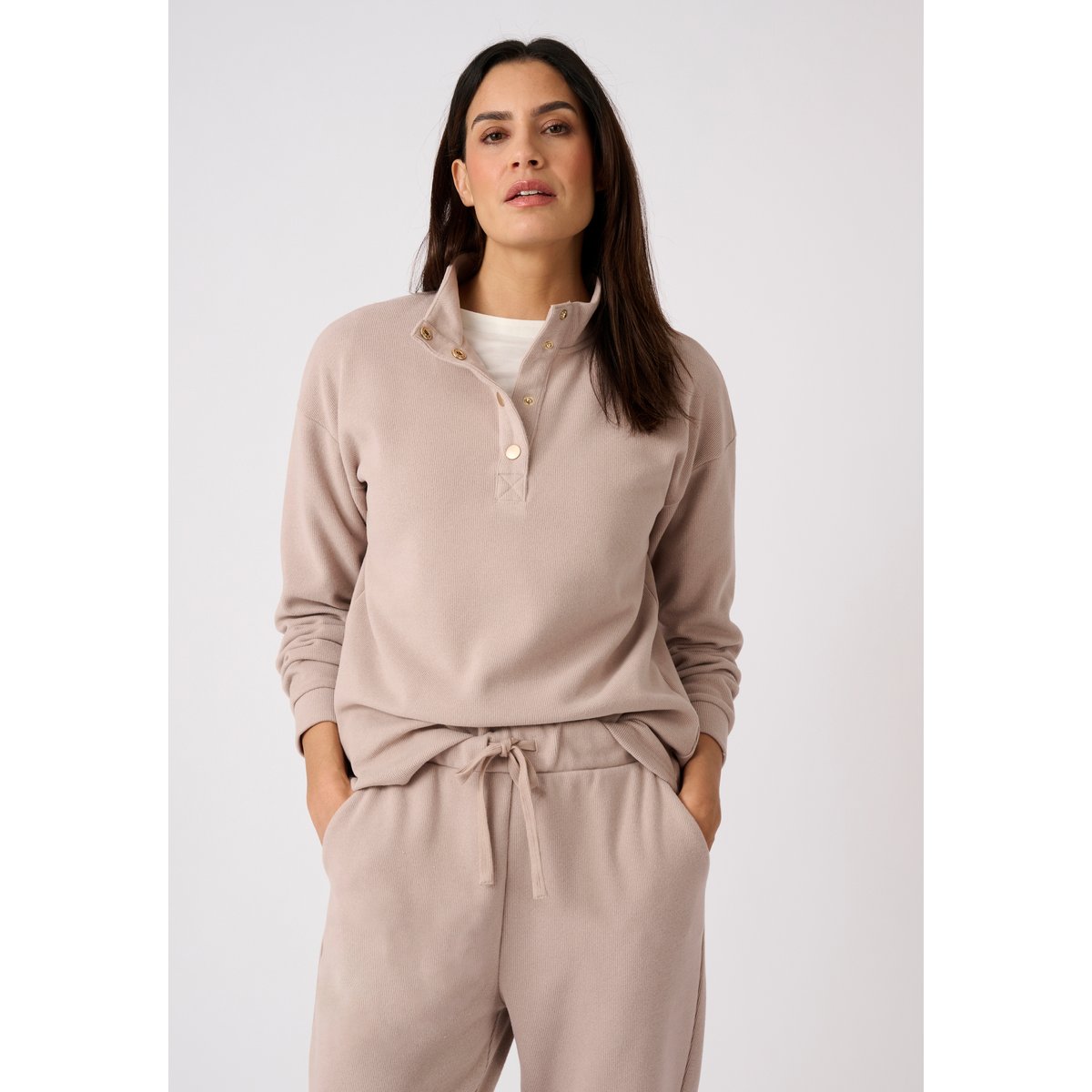 Sweat-shirt col montant pressionné côtes 1x1 gris taupe, DAMART