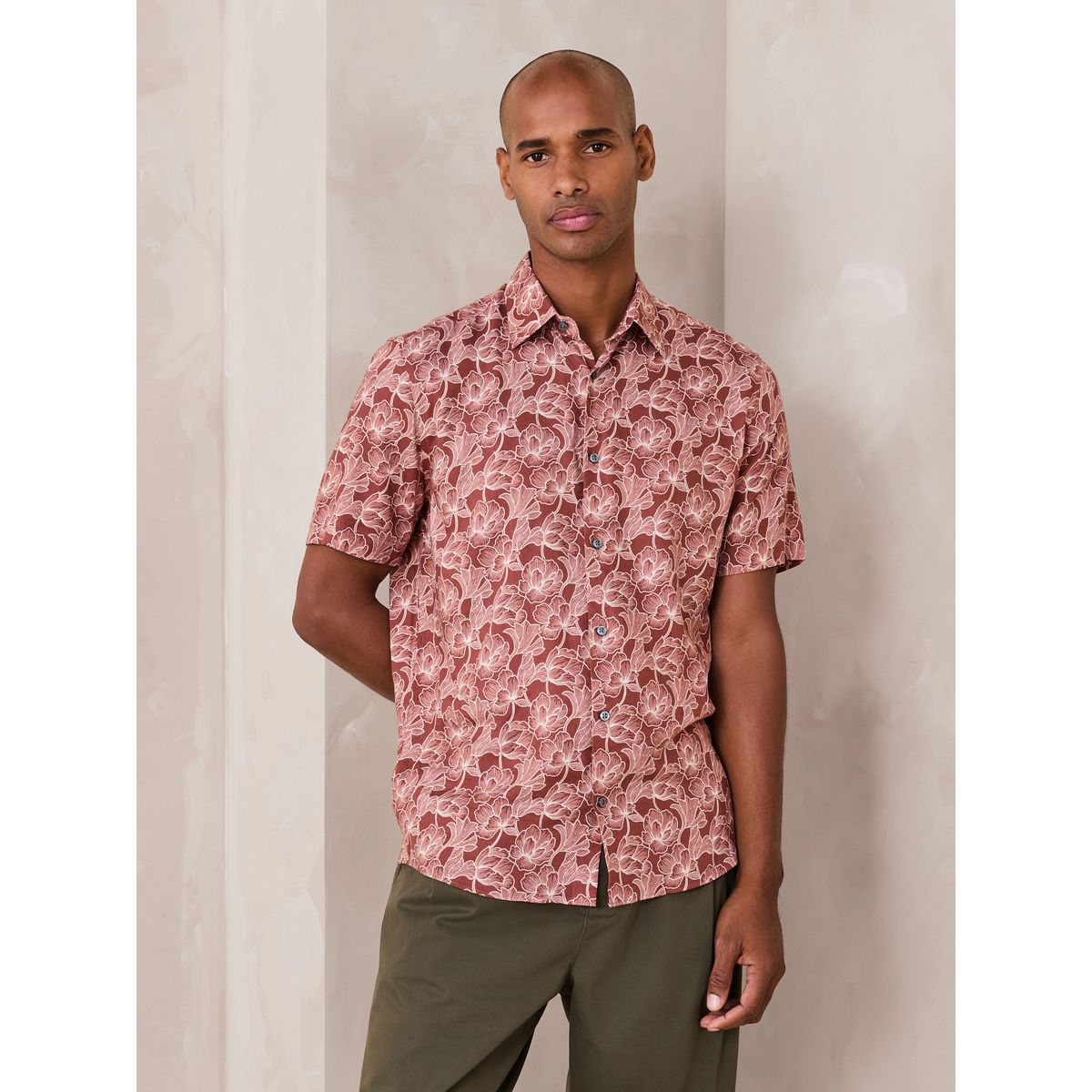 Chemise habillée en viscose et lin marron rouille imprimé floral, NEXT