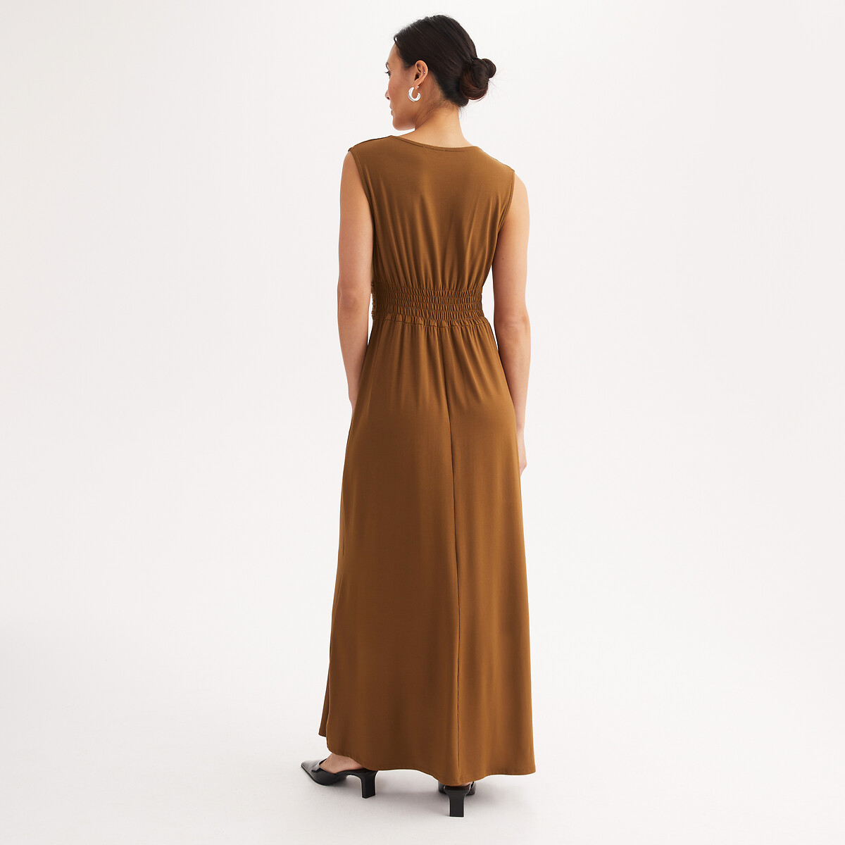 Robe évasée, longue, sans manches marron doré, ANNE WEYBURN