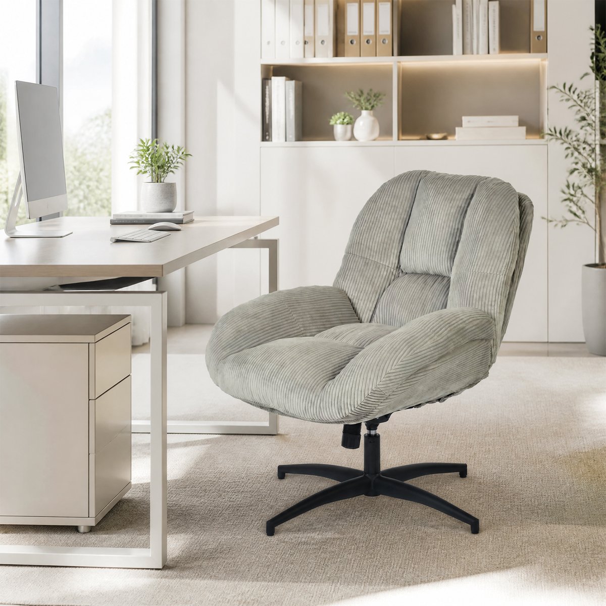 Chaise de bureau pivotante avec dossier inclinable en velours côtelé, LITHOPSFIX CORDO gris, MEUBLES COSY