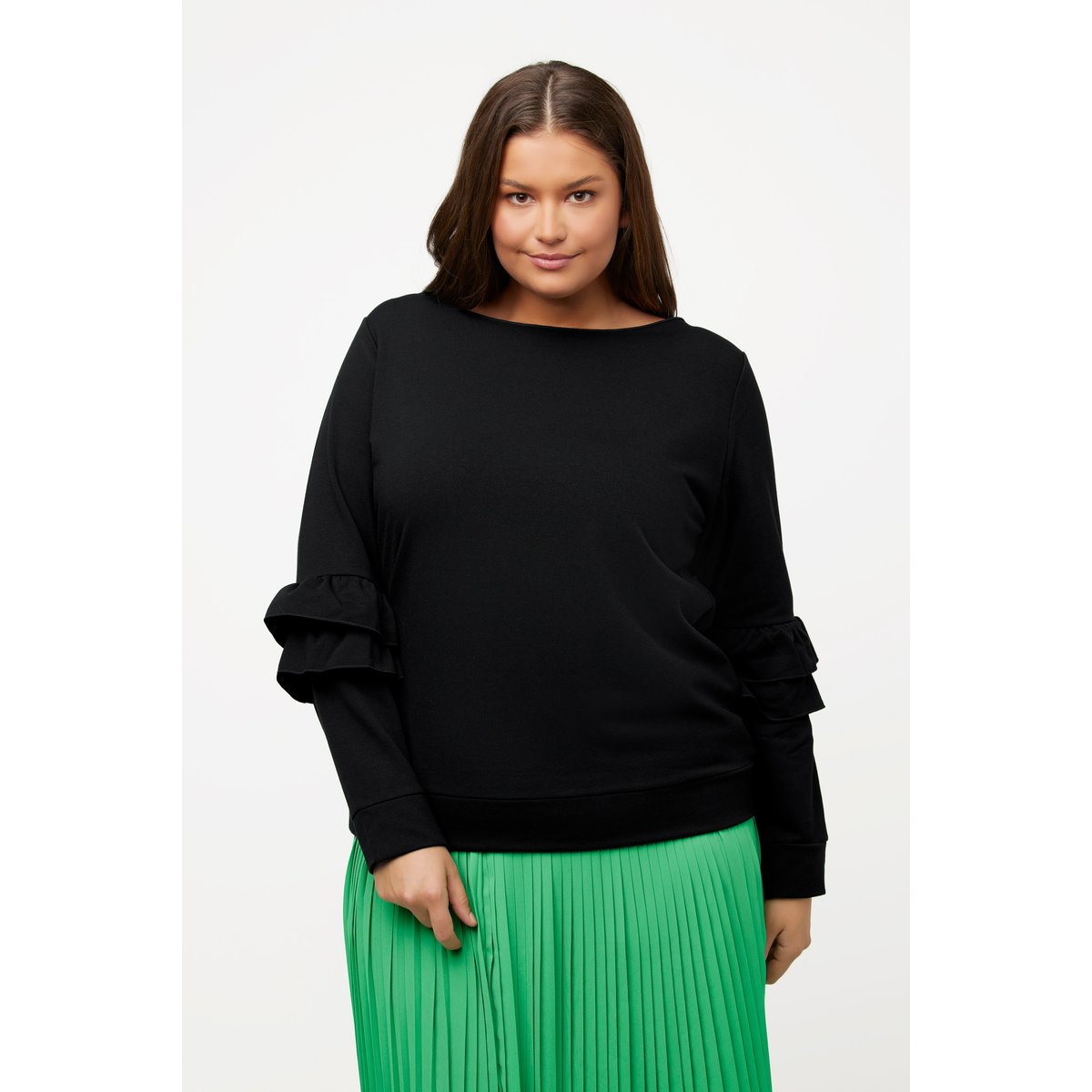 Sweat-shirt, ruché, col en V, manches longues noir, ULLA POPKEN