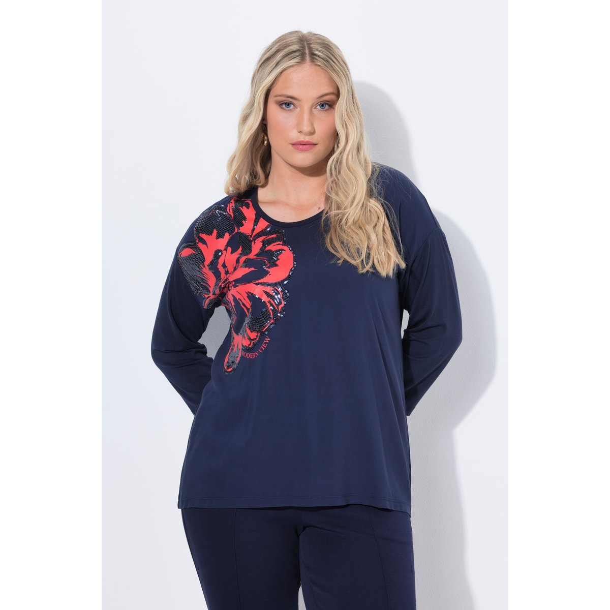 T-shirt oversize à col rond et manches 3/4 marine, ULLA POPKEN