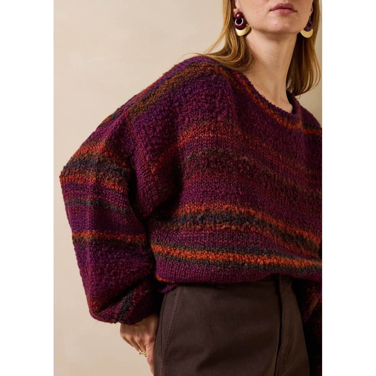 Pull manches longues col rond rayé bordeaux, LA FEE MARABOUTEE