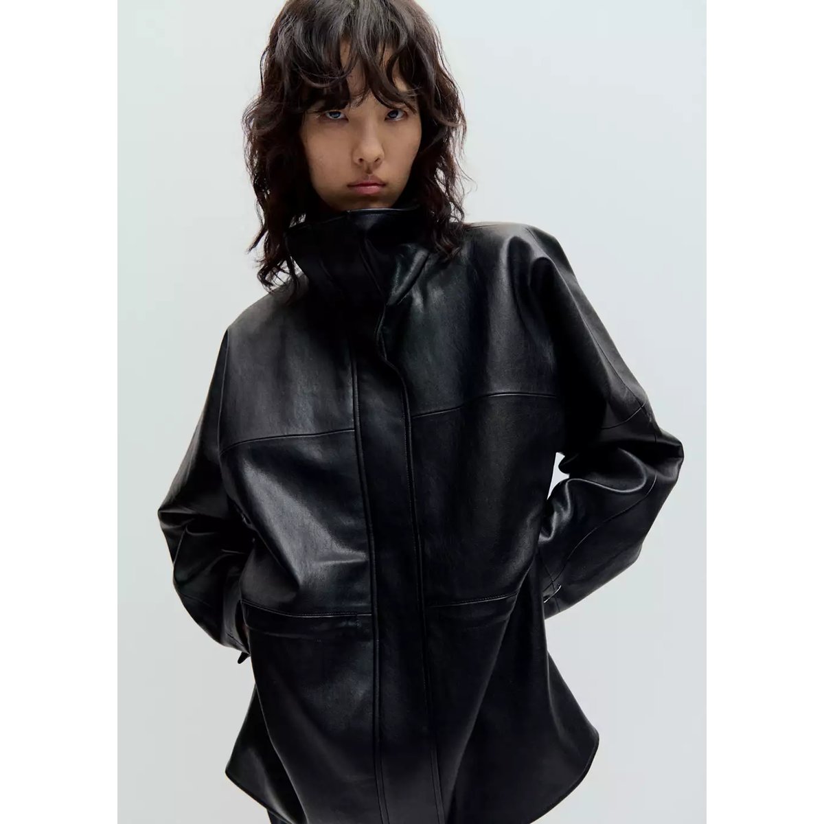Veste cuir synthétique col cheminée noir, MANGO