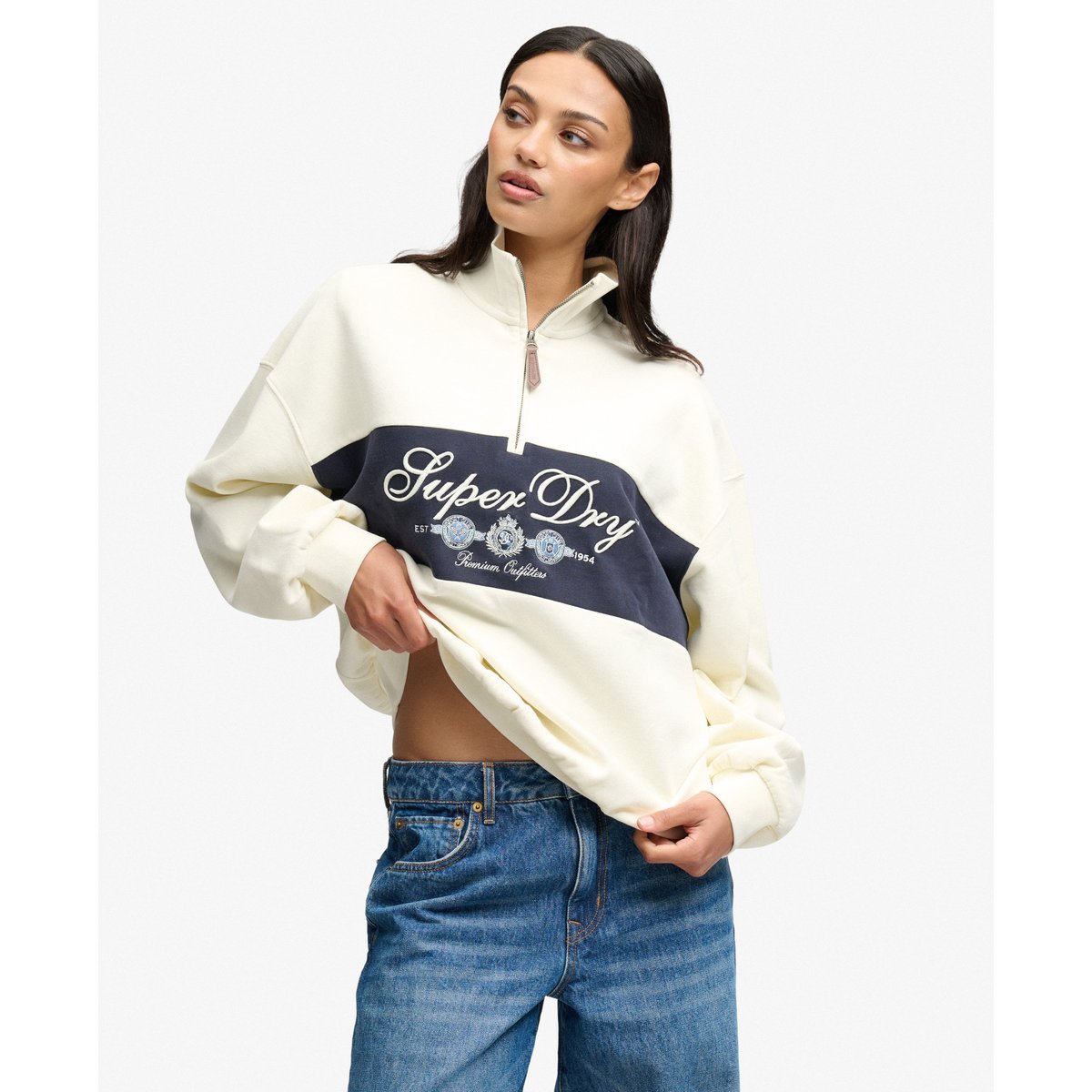 Sweat Ornate Script Half Zip Coupe Décontractée crème, SUPERDRY
