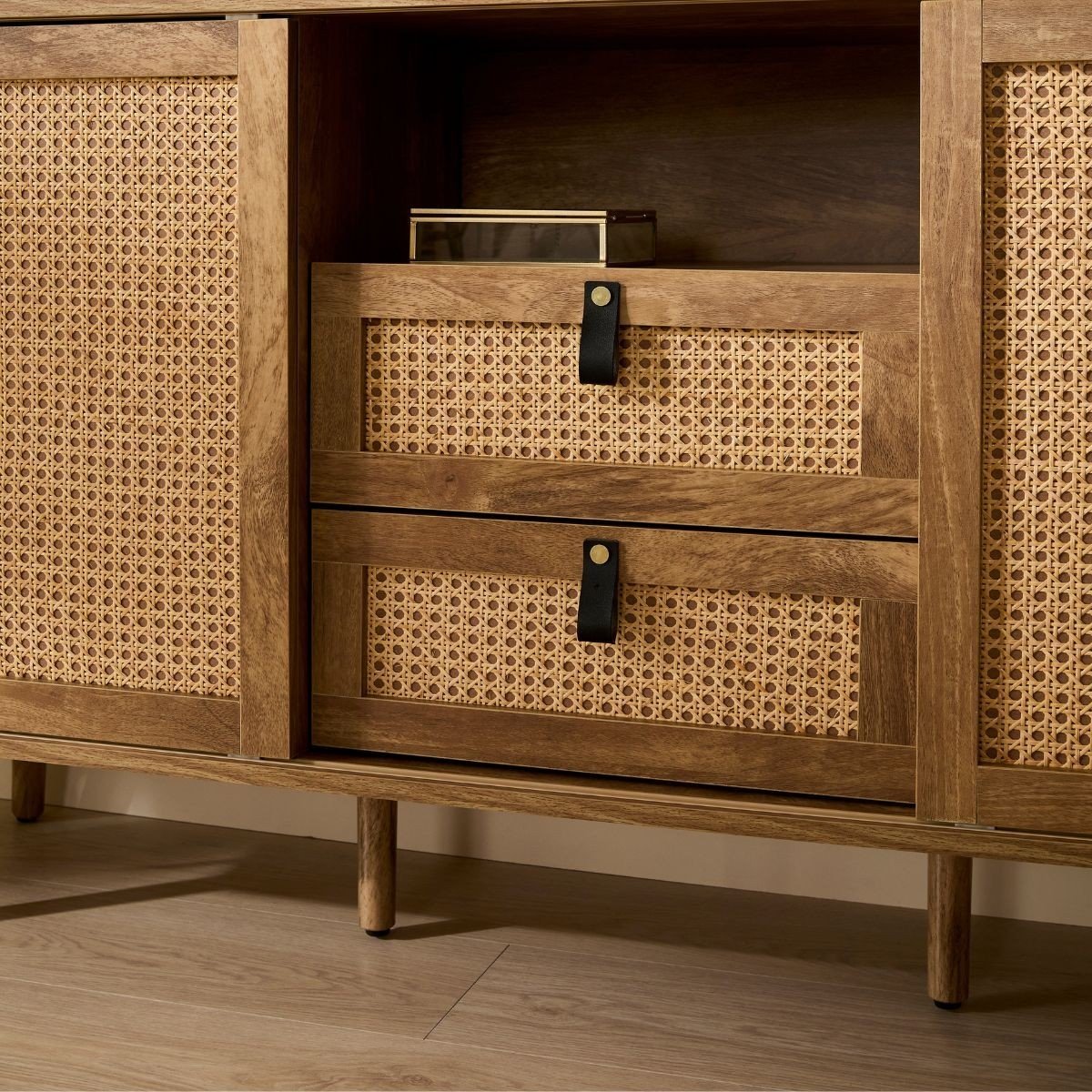 Buffet 2 tiroirs façades en rotin PALMO bois clair, CALICOSY
