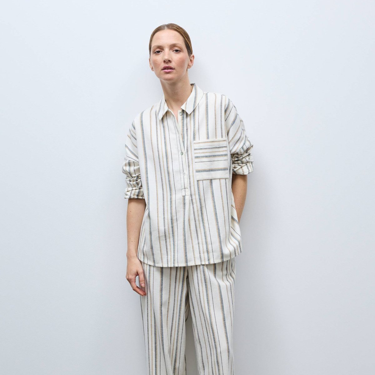 Pyjama rayé en coton gratté riz, MONOPRIX