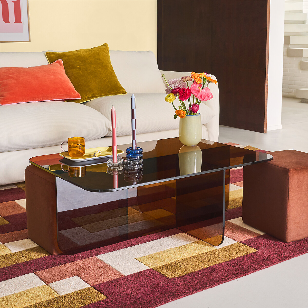 Table basse en verre trempé ambré, et ses 2 poufs en tissu, DELLA terracotta, LA REDOUTE INTERIEURS