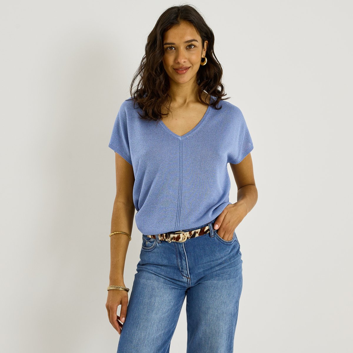 Pull brillant manches courtes bleu, GRAIN DE MALICE