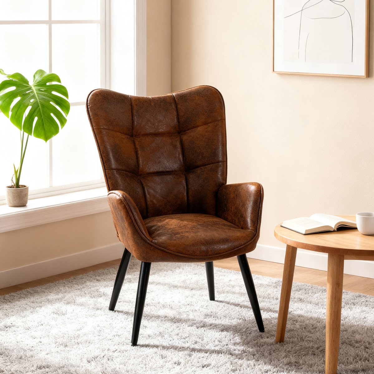 Fauteuil confortable bas style rétro vintage dossier moyen assise confortable pieds métal, KANAS marron, MEUBLES COSY