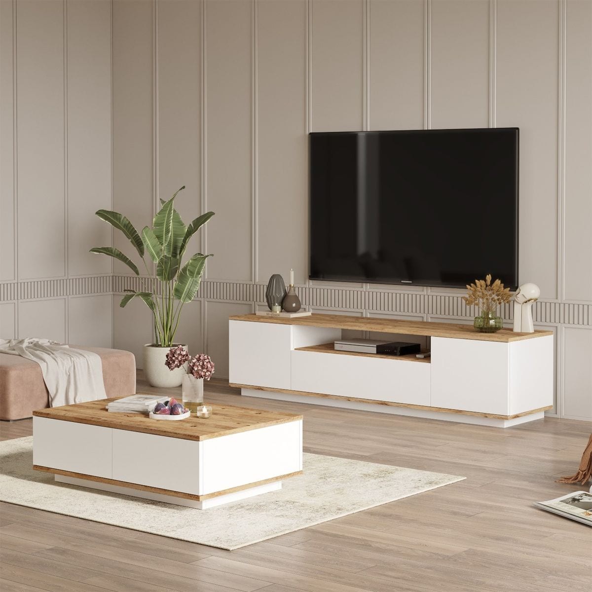 Ensemble meuble TV et table basse - RAVIA blanc & bois, HOMIFAB