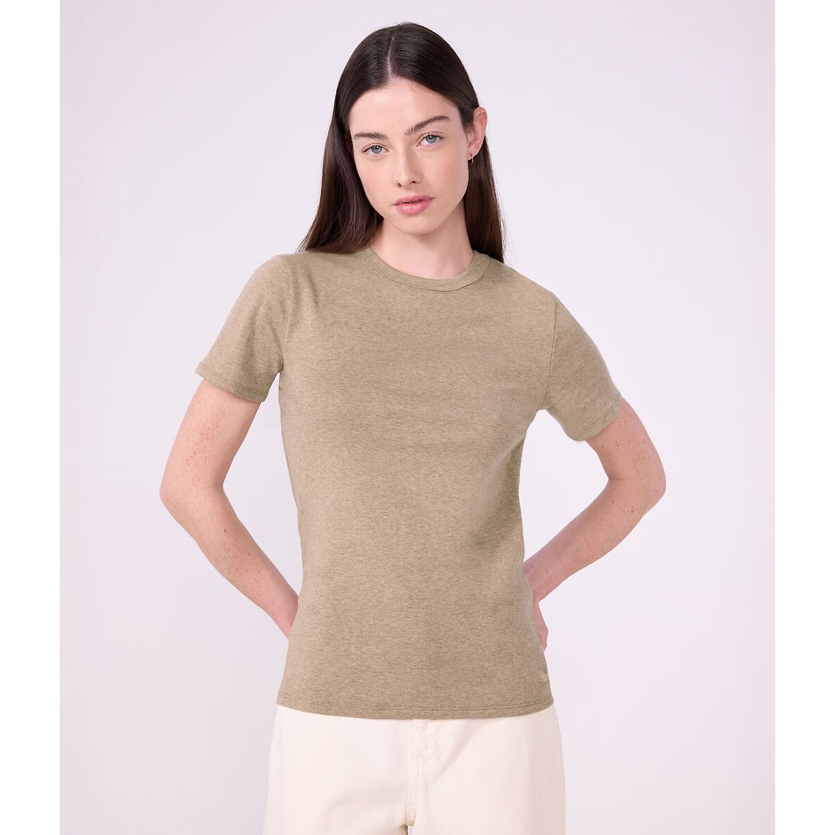 Camiseta con cuello redondo, manga corta beige , PETIT BATEAU