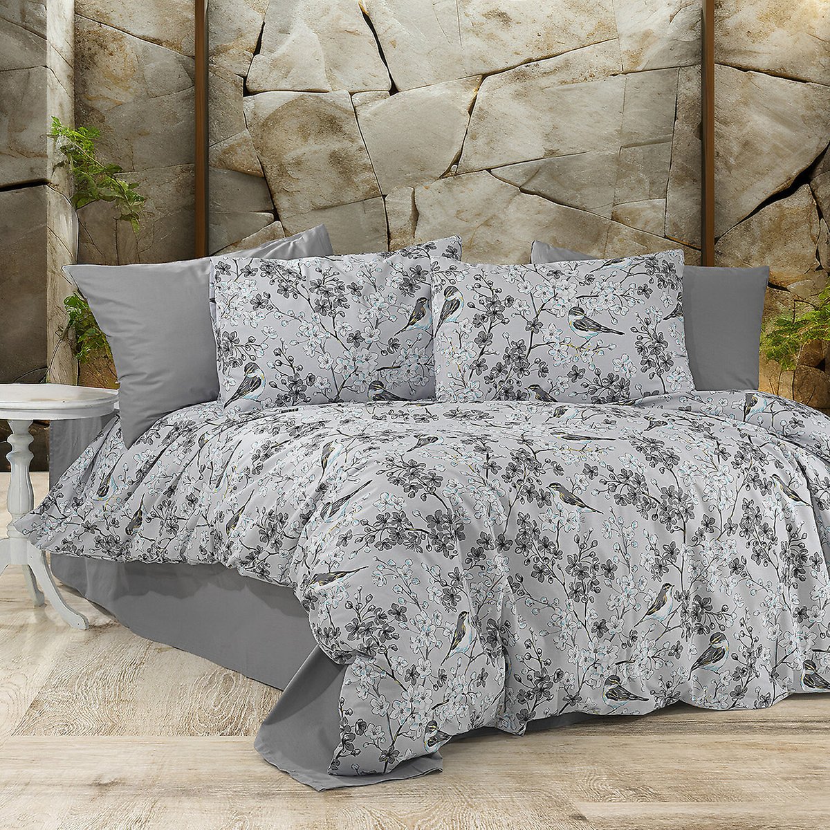 Paure de couette et tai(e) coton imprimé, petalia gris gris, C DESIGN HOME TEXTILE