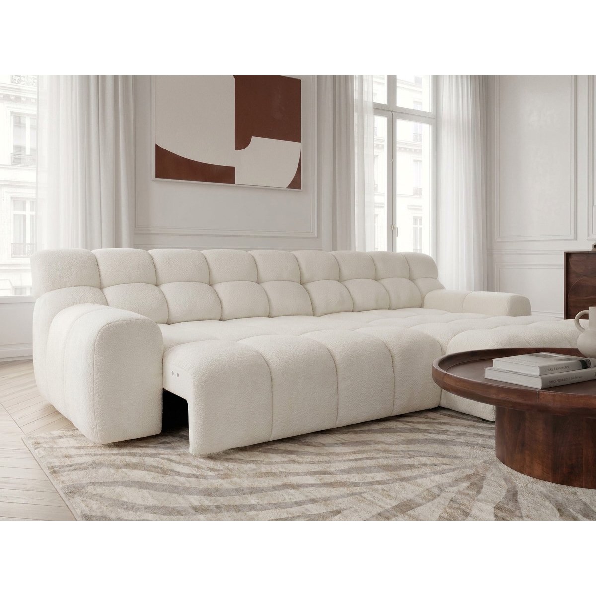 Canapé d'angle convertible 3 places en tissu texturé, ANDRE blanc, BOBOCHIC