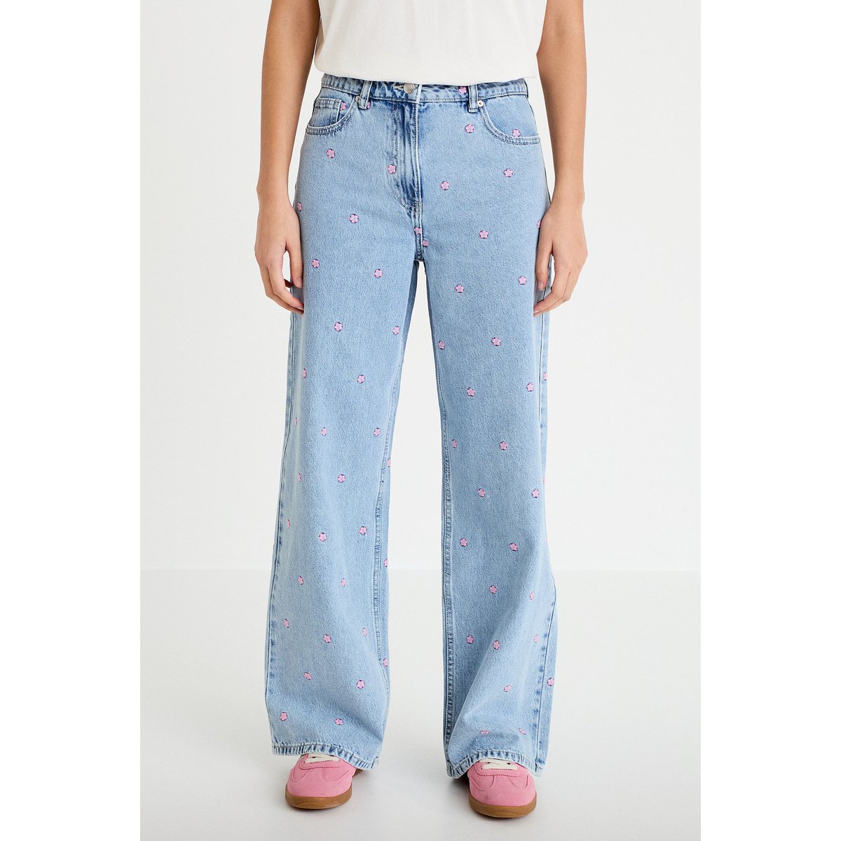 Jean wide leg taille haute brodé bleu foncé, CACHE CACHE