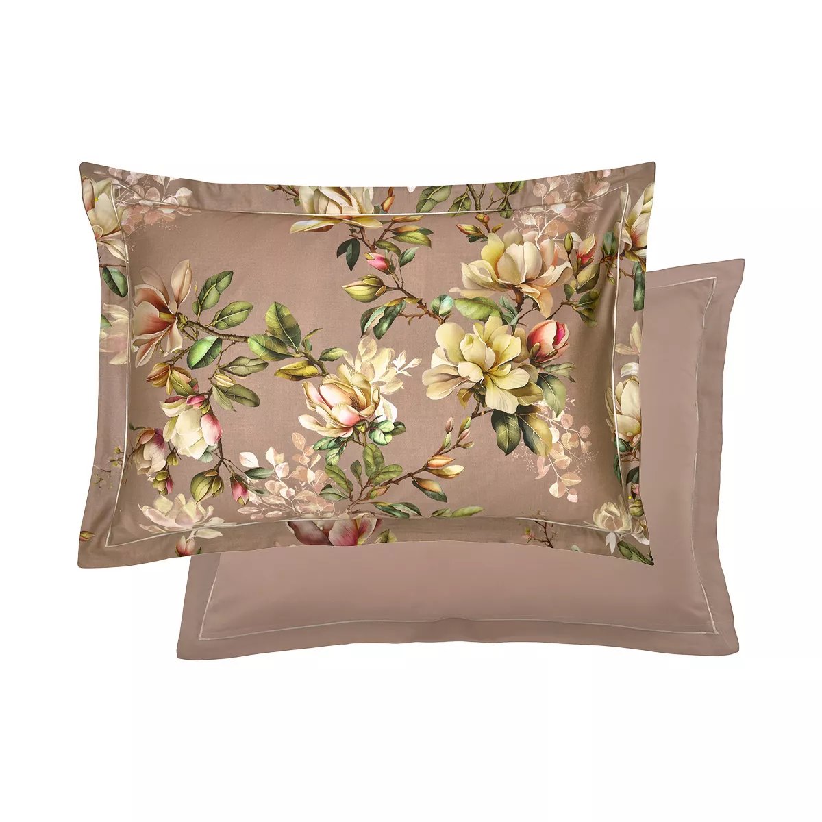 Taie d'oreiller satin de coton MAGNOLIAS rose fume, GARNIER THIEBAUT