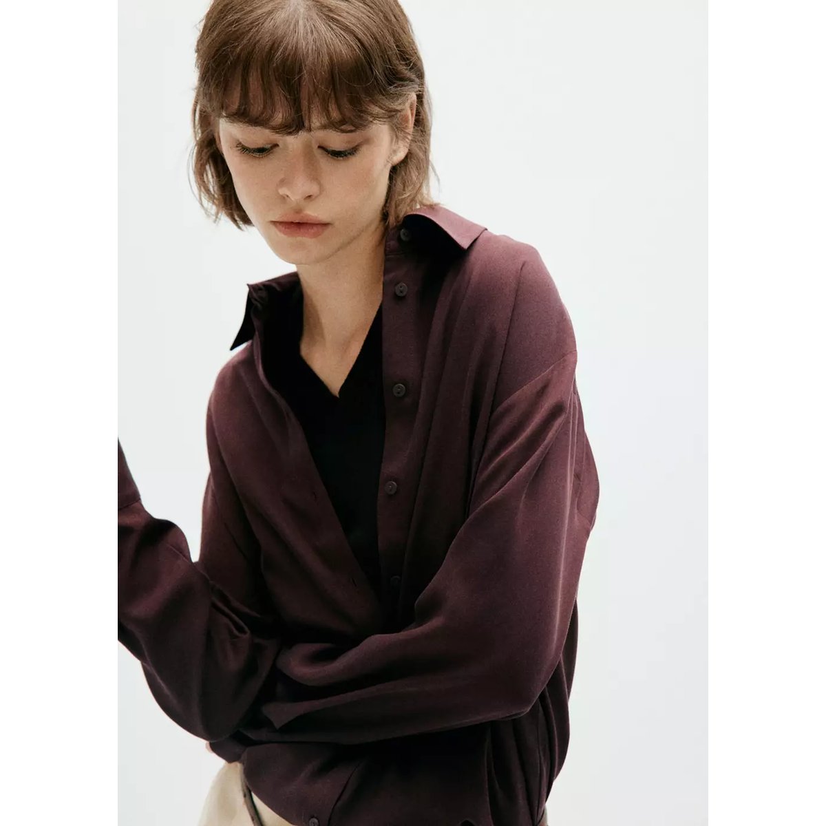 Chemise droite en lyocell marron, MANGO