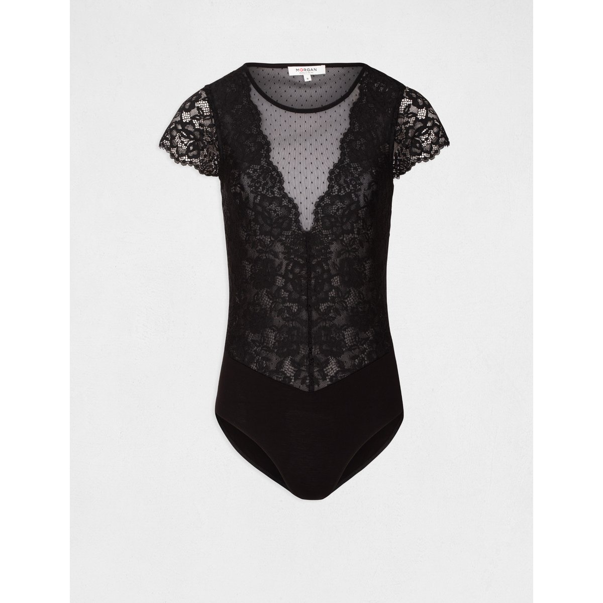 T-shirt manches courtes en dentelle noir, MORGAN
