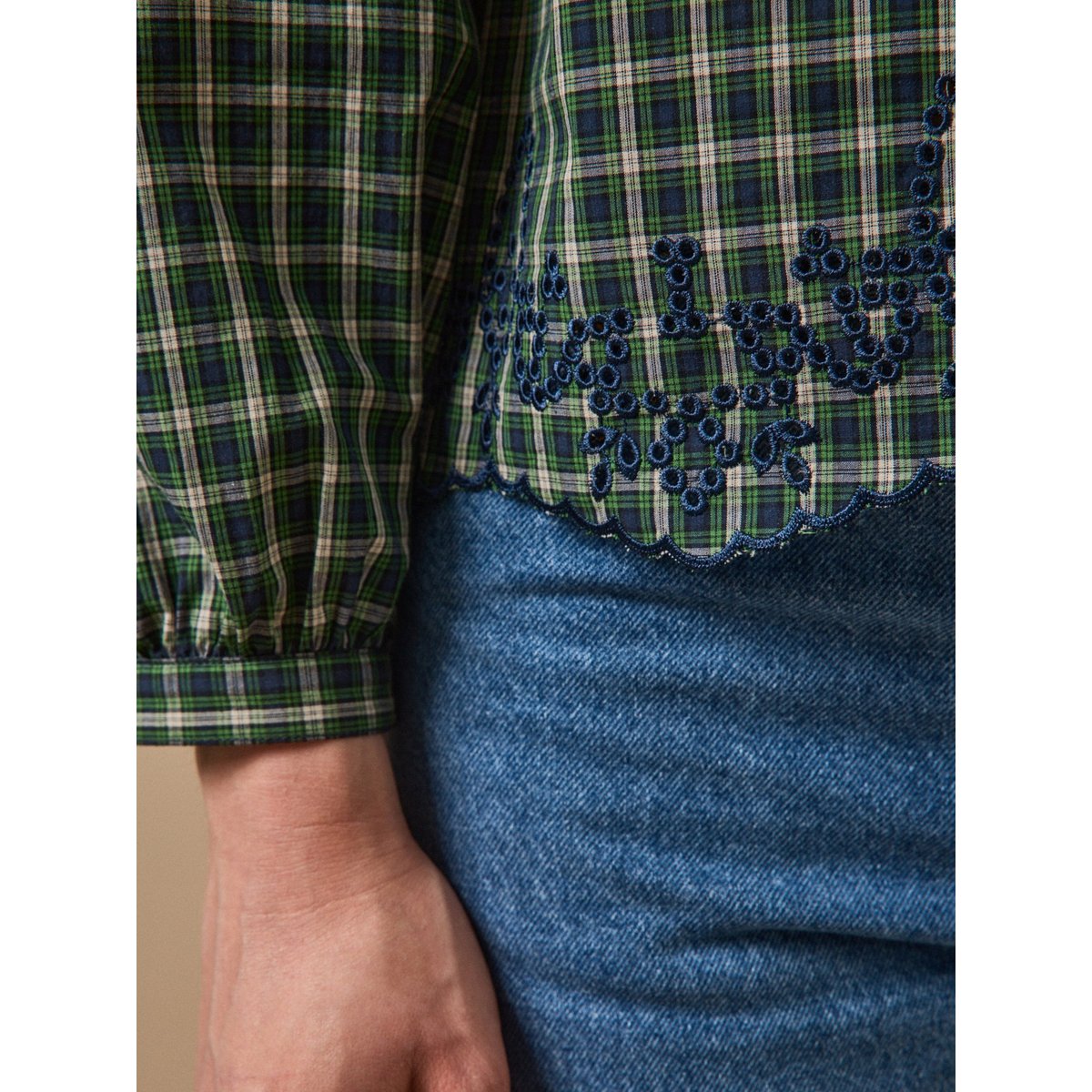 Blouse carreaux brodée carreaux vert/encre, CYRILLUS