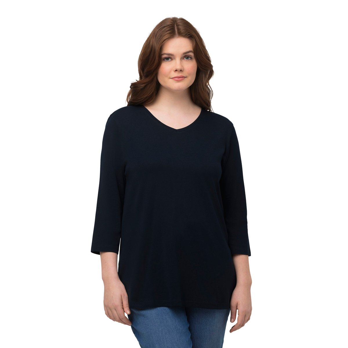 T-shirt V basic, classic, manches 3/4 marine, ULLA POPKEN