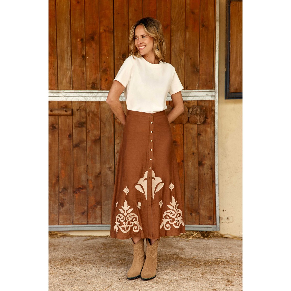 Jupe longueur midi évasée imprimé broderie JAELA 15-camel, LA PETITE ETOILE