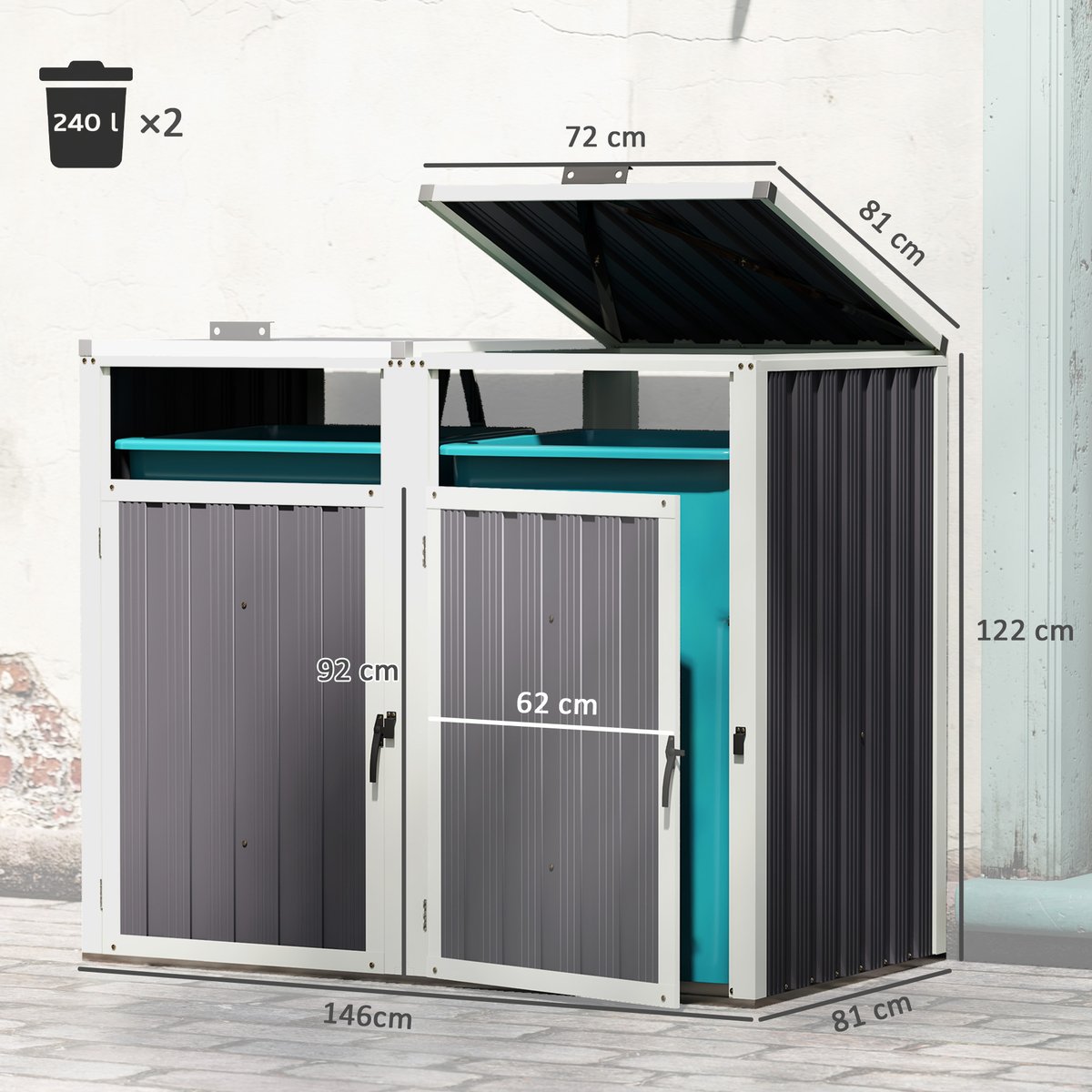 Abri pour poubelles Acier galvanisé Gris gris, OUTSUNNY